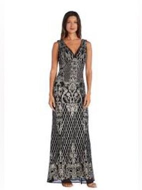 R&M Richards Black and Silver Sequins V-Neck Maxi Gown